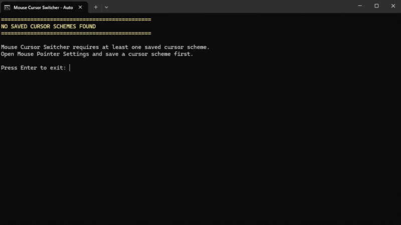 保存済みカーソルスキームがない場合にMouse Cursor Switcher v6.1で表示される案内画面